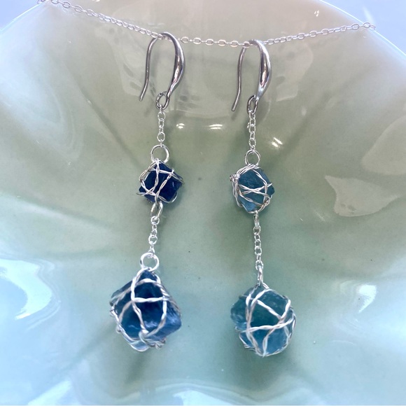 Jewelry - Silver and Blue Fluorite Octahedron Dangle Earrings E2